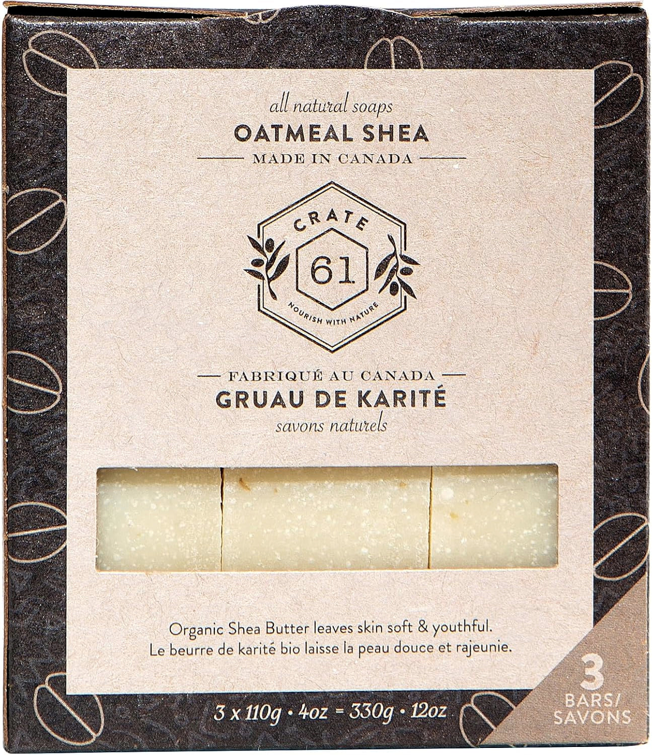 Savon naturel vegan - Avoine et beurre de Karité - Crate 61 - Lot de 3 barres de 110g