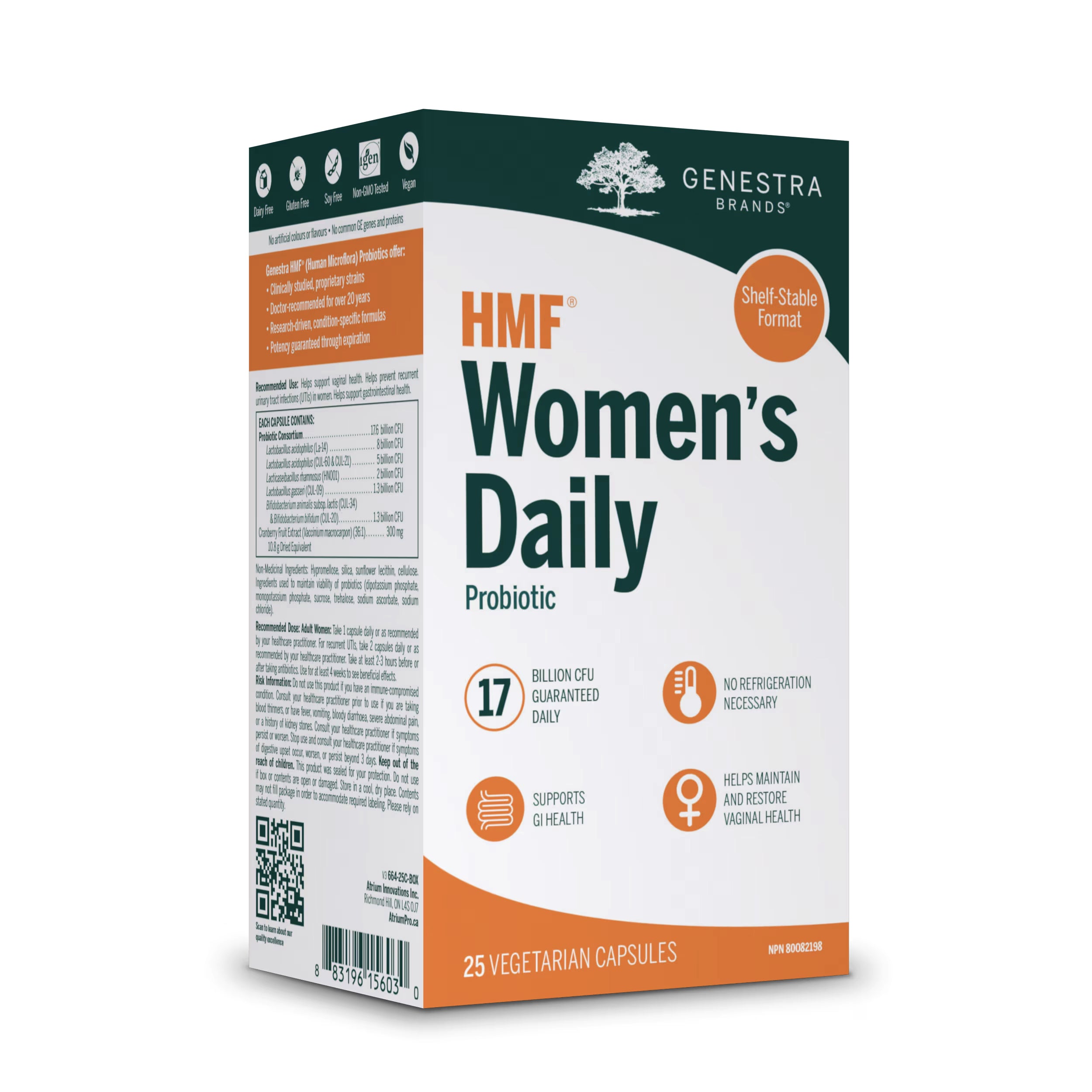 HMF Women's Daily - Probiotique quotidien pour femmes - Genestra Brands - 25 capsules - conservation tablette