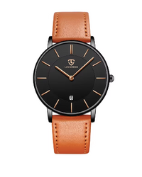 Montre unisexe mince bracelet de cuir brun, fond noir