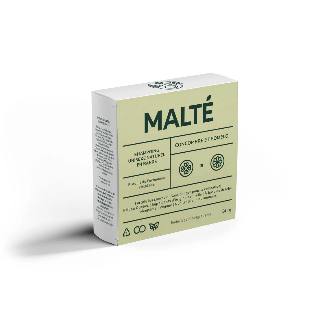 Shampoing unisexe naturel hydratant et apaisant en barre - Concombre et Pomelo - Mouvement Malté - 80g