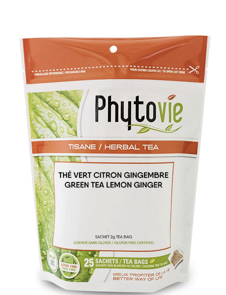 Tisane Thé Vert, Citron, Gingembre - Phytovie - 25 sachets